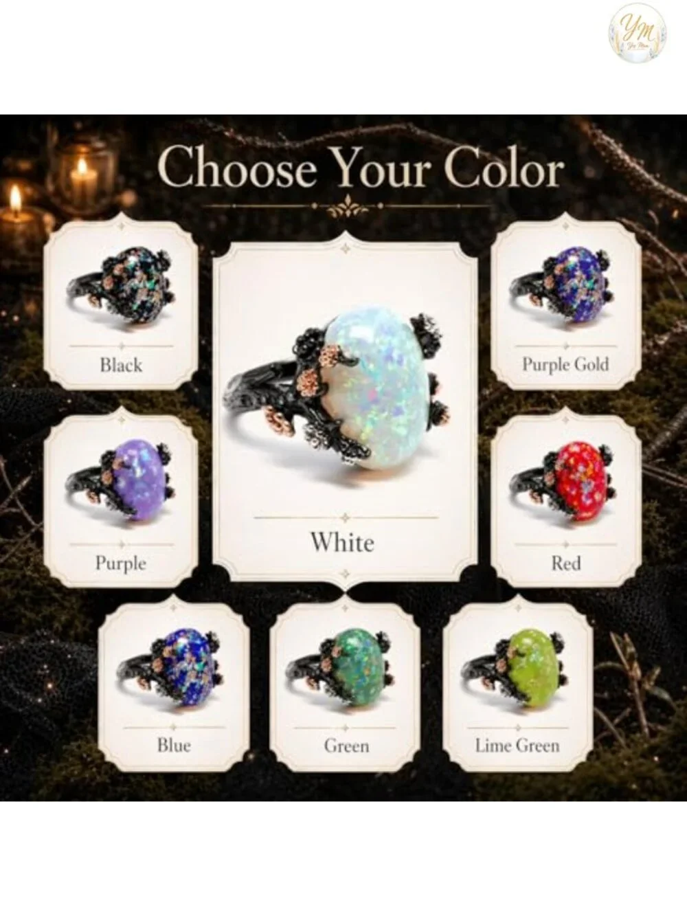 Henrietta Gothic Opal Ring, Simulated White Fire Opal CZ Black Rose Gold Plated